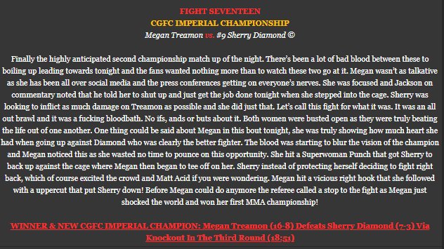 Bloodied, battered and bruised in every colour imaginable...but my proudest moment in <a href="/CagedGloryFC/">Caged Glory FC</a>. :3

Wish I didn't cry so much when I was announced the winner though. >.>