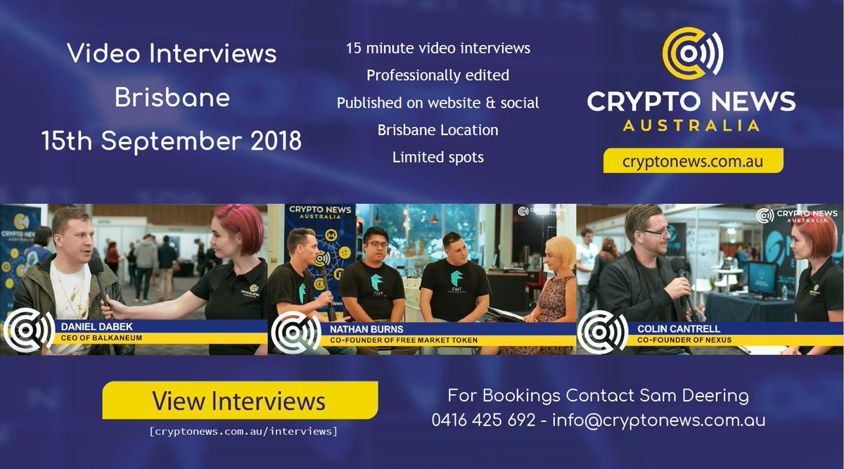 cryptonews_aus's tweet image. We&apos;re holding video interviews in Brisbane on 15th September. 

We want to help local Blockchain/Crypto startups get exposure and have the opportunity to showcase what your doing in this exciting space. cryptonews.com.au/interviews

#cryptonewsaustralia #brisbane #cryptointerviews