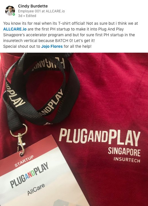 STORMTechPH's tweet image. ALLCARE.io was selected as the first #Filipino #startup to get accepted in Plug and Play’s Singapore accelerator program for Insurtech. #benefitsforall