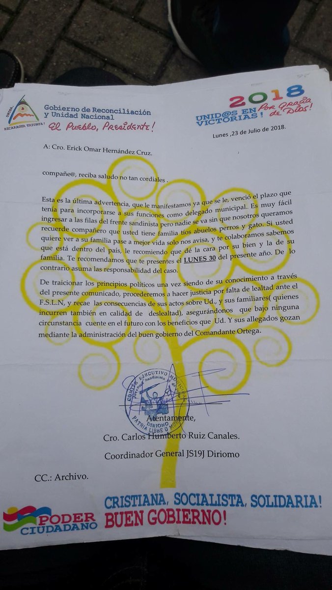 CDiriangen's tweet photo. La realidad del Gobierno Asesino de Daniel Ortega.
Los trabajadores del Estado son víctimas de estos asesinos son víctimas del Gobierno ORTEGA-MURILLO.
Se retiran y estas son las amenazas. #SOSNicaragua #PuebloUnete #Comparte https://t.co/Lw4gFZWpXT