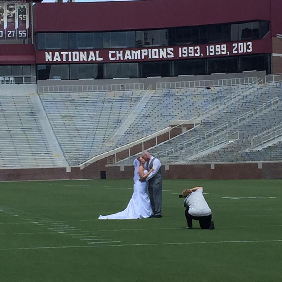 FSUWarpath's tweet photo. @CassandraYoung We got married...at the stadium...the week before the season started. #Nolemates #Priorities 

Your guests get what maybe 10-15 minutes with you the whole night? Give them a break. https://t.co/6xCMivnU9u