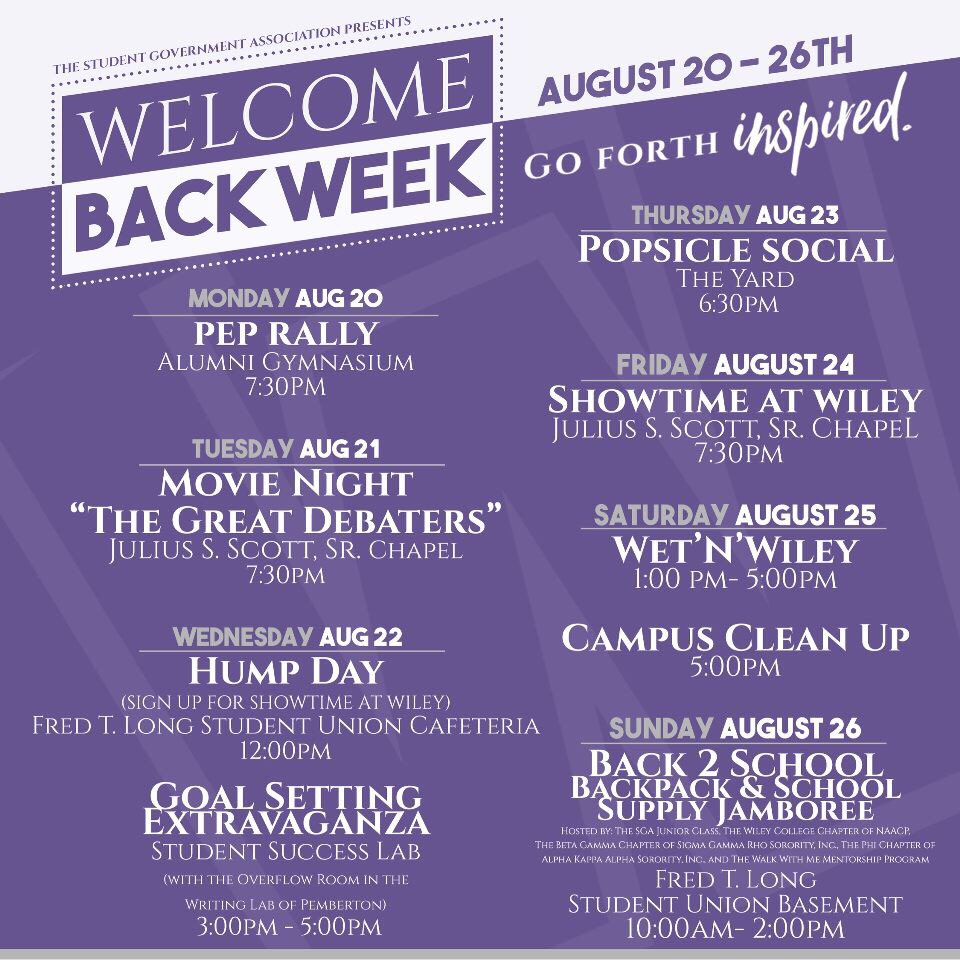 TerbrinaN's tweet image. HEY UPPERCLASSMEN this one’s for you. Come out and show the freshmen our WILEY PURPLE PRIDE as we get the year started with them. WELCOME BACK WEEK 2018!!! #WileyCollege #WBW18 #WelcomeBackWeek #WildAboutWiley #GoForthInspire