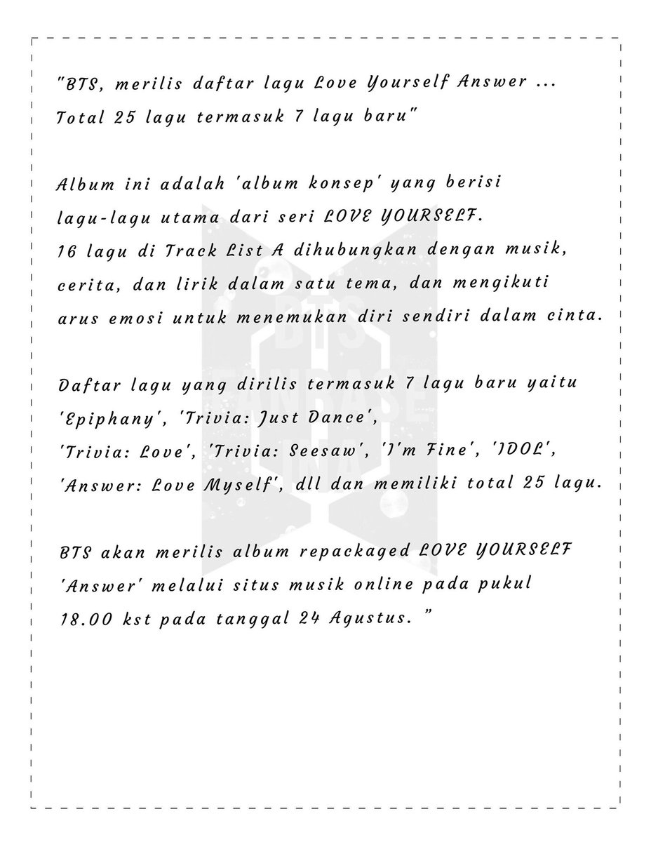 Bts Army Space No Twitter 180820 Bts Telah Merilis Daftar Lagu Love Yourself Answer Total 25 Lagu Termasuk 7 Lagu Baru Bts Twt Akan Merilis Album Repackaged Love Yourself Answer Melalui Situs Musik Download lagu justin bieber love your self lirik mp3 gratis dalam format mp3 dan mp4. twitter