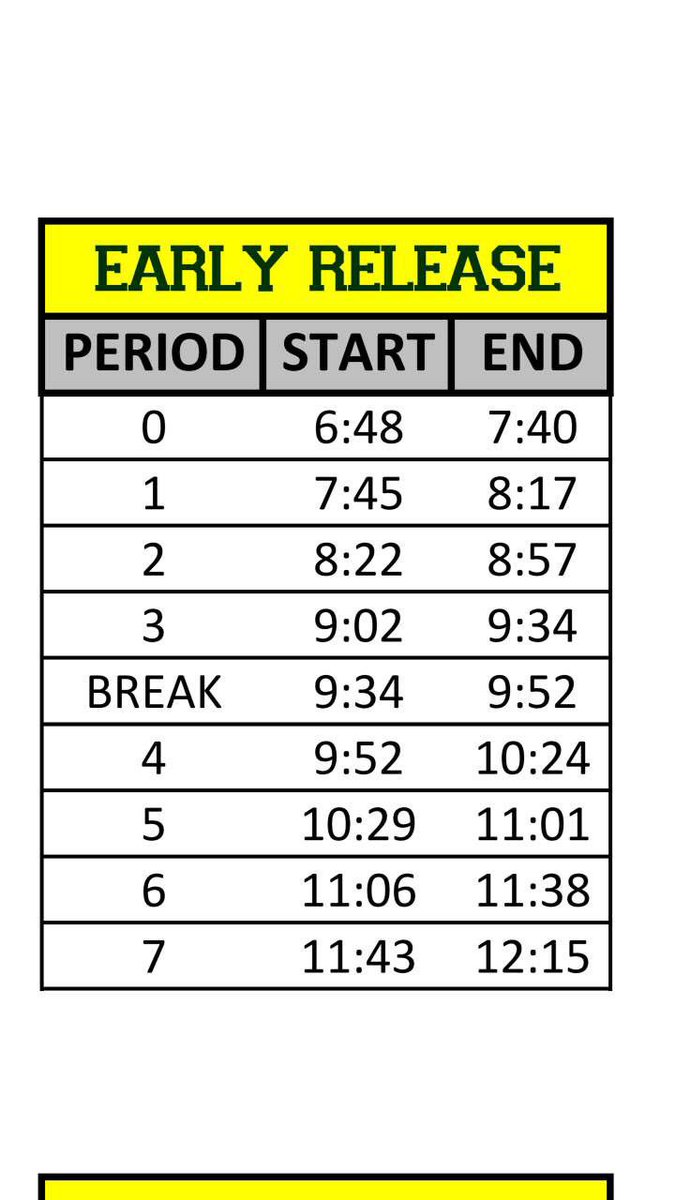 BorahHighLions's tweet photo. Here’s the bell schedule for tomorrow Lions! 🦁 No zero hour. Welcome back ‼️💛💚 https://t.co/UzUTCmGdzb