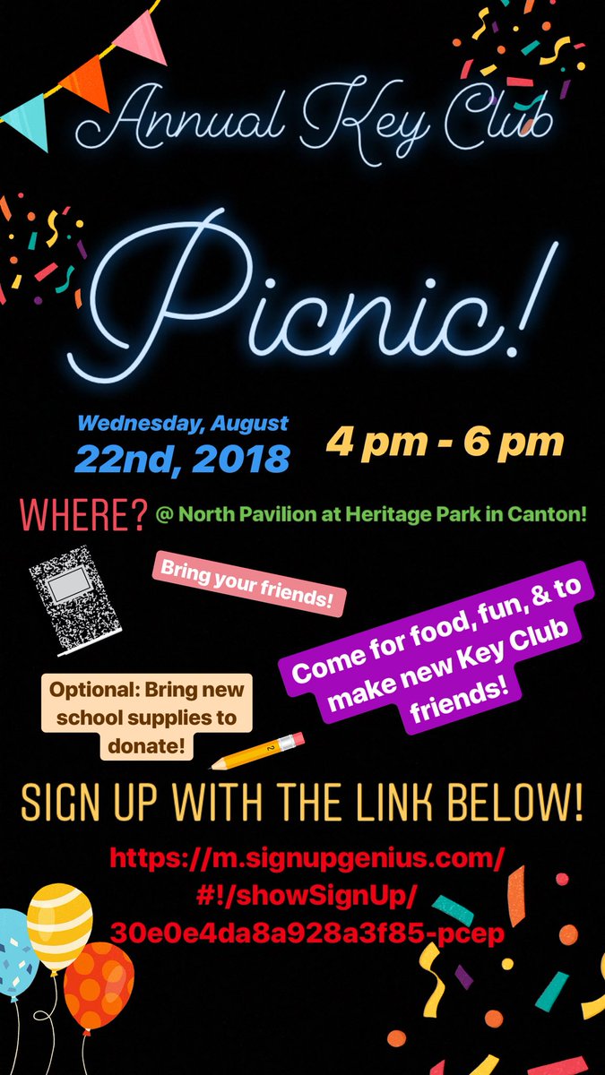 PCEPKeyClub's tweet image. Our annual Key Club Picnic will be on Wednesday, August 22 at the North Pavilion (located in Heritage Park in Canton) from 4-6pm! Bring your friends interested in joining Key Club &amp;amp; also new school supplies to donate! We hope to see y’all there!🙌🏼🍕