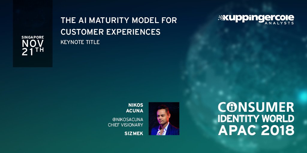 kuppingercole's tweet photo. The #AI Maturity Model for Customer Experiences, @nikosacuna's keynote at the Consumer Identity World APAC 2018 in Singapore #CIWAPAC18 https://t.co/IFqtA3UGzg https://t.co/TLDkfNaJkZ