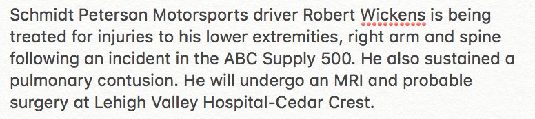 IndyCar's tweet photo. Here's an update on the status of @robertwickens.
#INDYCAR // #GetWellWickens https://t.co/xbgYcbm6Iy