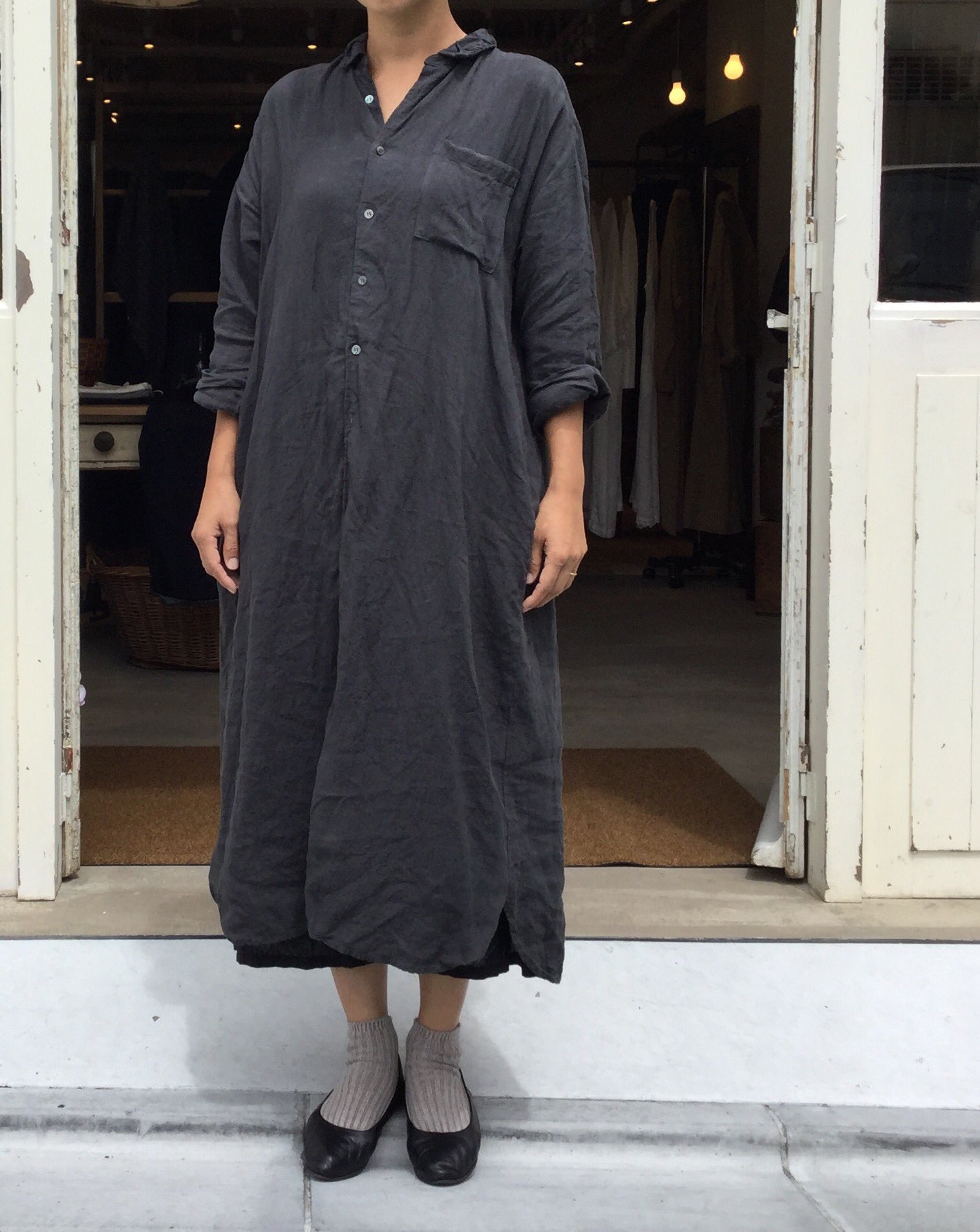 SALE/60%OFF】 中川政七商店*厚手麻の切り替えワンピース*フォグ