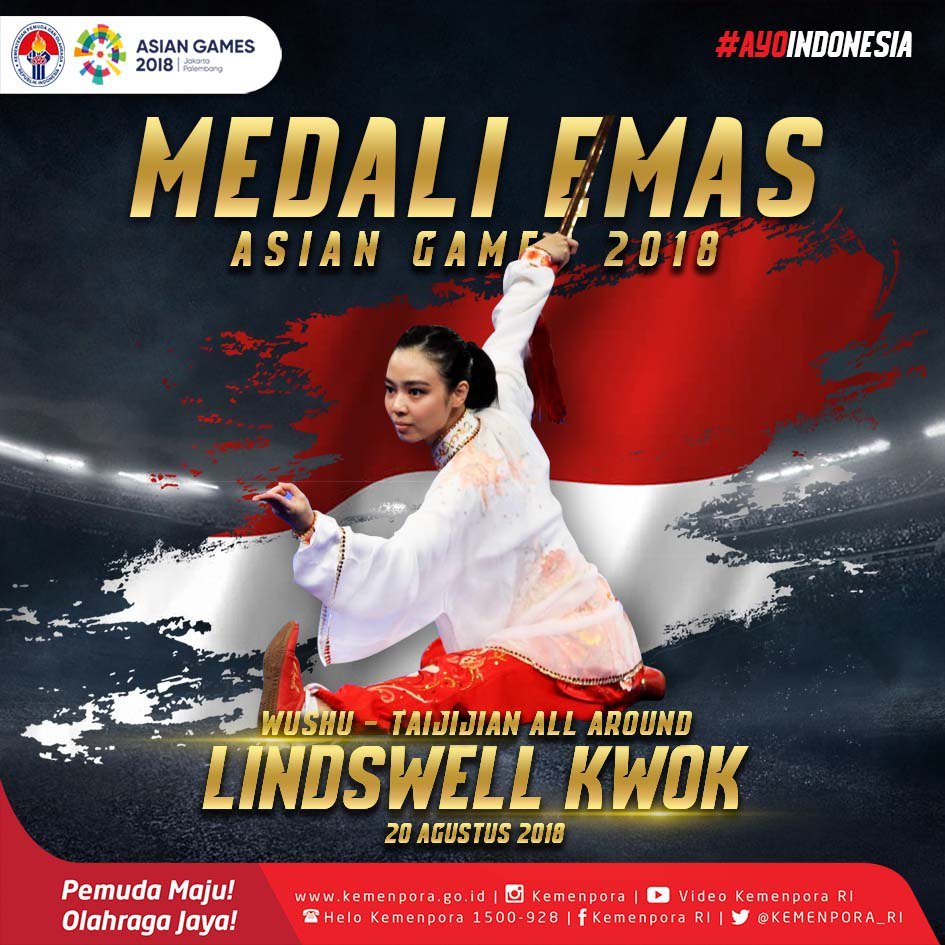 Alhamdulillah
Satu lagi medali EMAS diraih atlet kita! Selamat untuk Lindswell Kwok dari cabang olahraga Wushu. Terima kasih persembahannya untuk Indonesia. -IN

#AsianGames2018
#AyoIndonesia