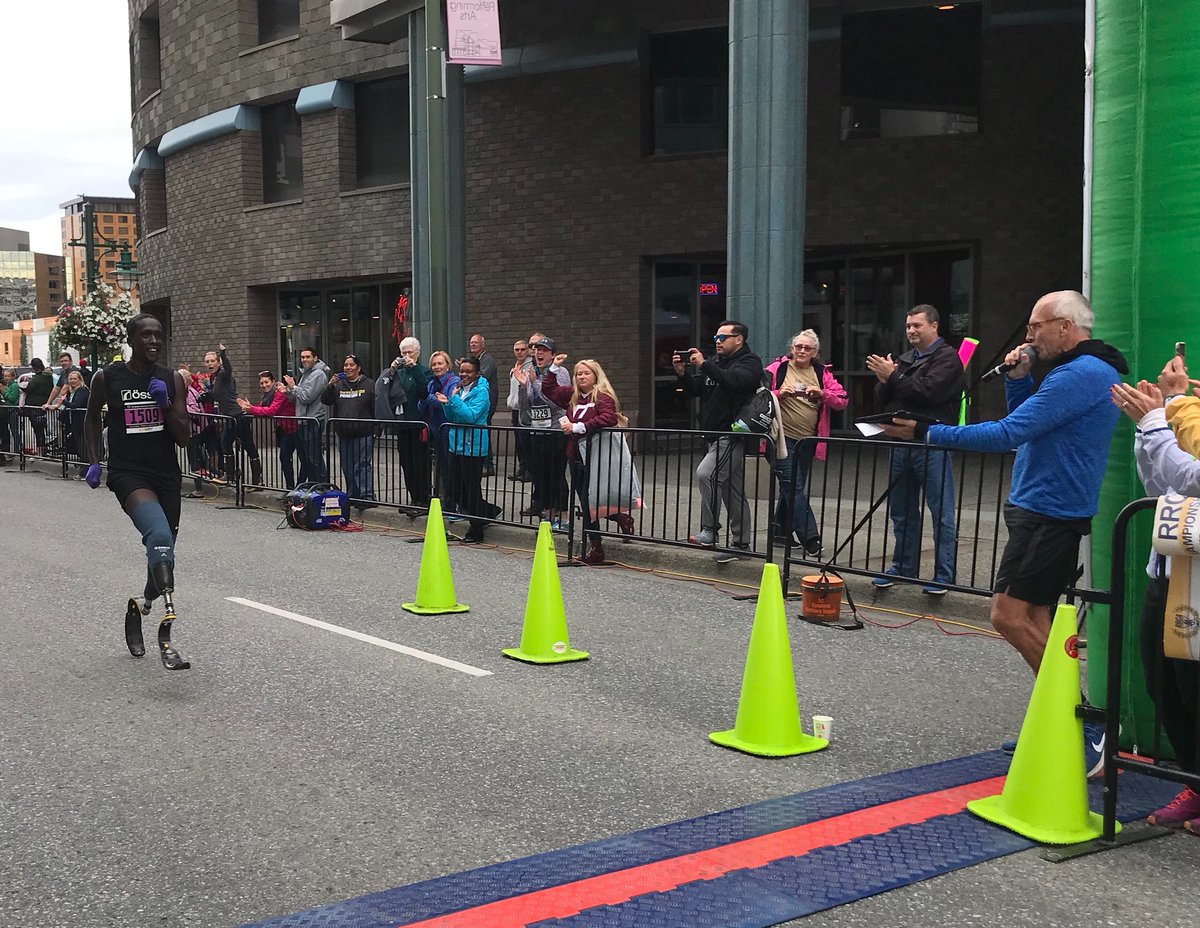BartYasso's tweet photo. Fun weekend doing the race announcing at the @ANCRunFest amazing seeing Marko Cheseto finish the half marathon in 1:26:55 on two prosthetic blades. Congrats to all finishers #inspiration #RunWildAK https://t.co/5YMaF81D7C