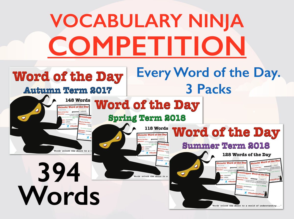 Vocabulary Ninja (@vocabularyninja) on Twitter photo 🔥🤯COMPETITION🤯🔥 394 WORDS OF THE DAY, 3 PACKS!!!
<a href="/VocabularyNinja/">Vocabulary Ninja</a> has already given away £100's worth of resources!
Five lucky winners will be announced on Friday 25th. ✍️✍️✍️
To Enter: Follow <a href="/VocabularyNinja/">Vocabulary Ninja</a> , Retweet and TAG a friend. 🔥🤯COMPETITION🤯🔥 394 WORDS OF THE DAY, 3 PACKS!!!
<a href="/VocabularyNinja/">Vocabulary Ninja</a> has already given away £100's worth of resources!
Five lucky winners will be announced on Friday 25th. ✍️✍️✍️
To Enter: Follow <a href="/VocabularyNinja/">Vocabulary Ninja</a> , Retweet and TAG a friend.