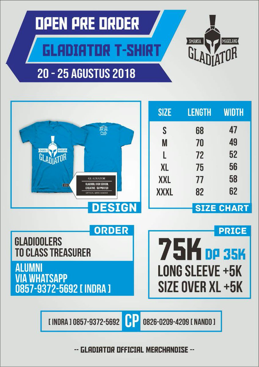 Kami dari pengurus GLADIATOR membuka Pre-Order kaos gladiator 👕
Pre Order : 20-25 Agustus 2018

Pemesanan dapat menghubungi :
Warga smansa ⬇
Nando (085602094209)
Alumni ⬇
Indra (085793725692)
Grab it fast!
#GladiatorSmansa
#ThisIsOurPride