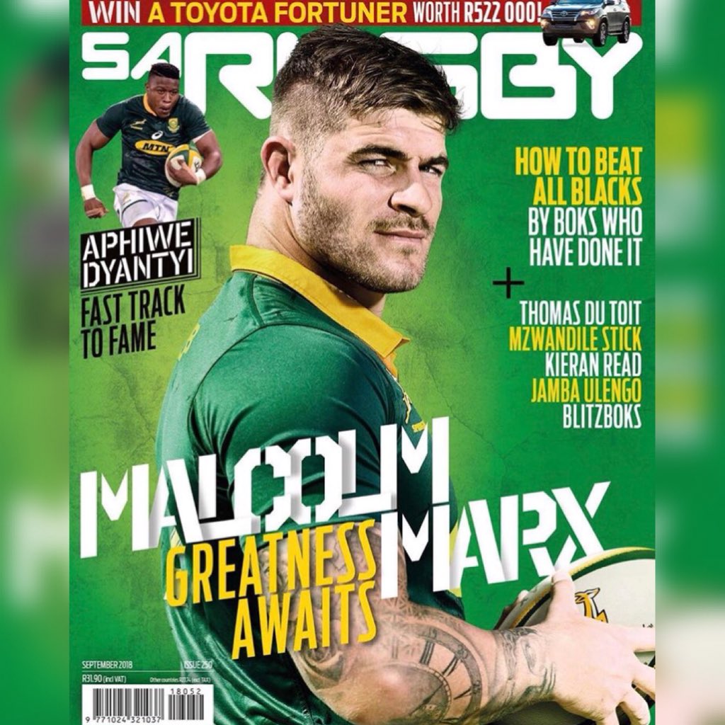 KDTAgencyZA's tweet photo. SPOTTED: Get your copy! @M_marxi2 on the cover @SARugbymag! We are so proud you! #MalcolmMarx #Boks #KDTComms #greenandgold #greatnessawaits https://t.co/3ttieUeldT