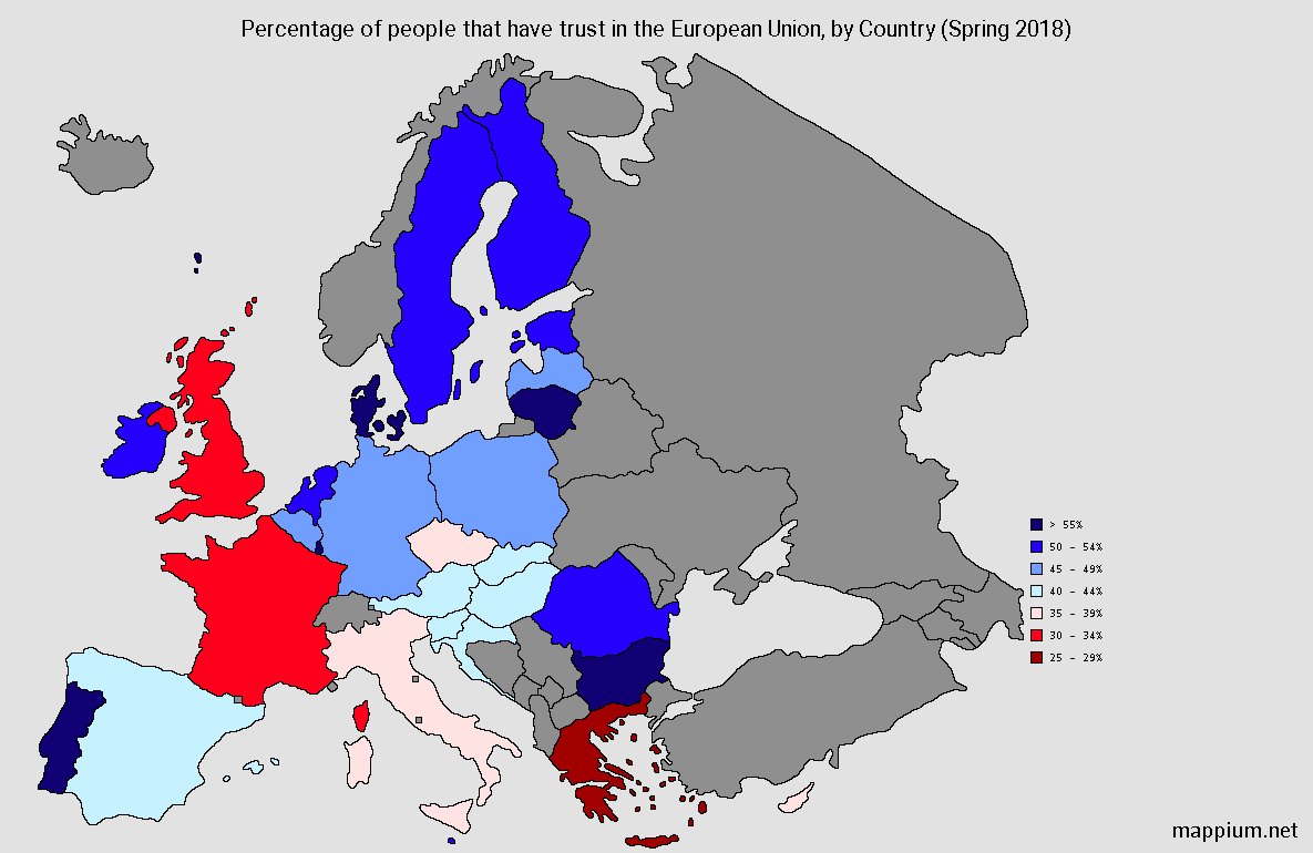 mappium's tweet photo. Public Trust in the European Union. Data provided by @EurobarometerEU  #maps #mappium #geography #cartography #EuropeanUnion #brexit #europa #Europe https://t.co/5x73GlLzQw