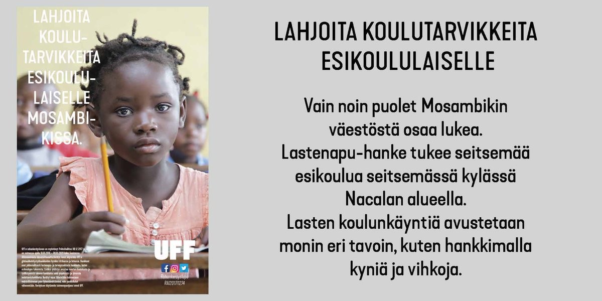 UffFinland's tweet photo. Tällä viikolla myymälöissämme voi tukea esikoululaisten koulutarvikkeiden hankintaa Mosambikissa! You can #donate for #preschool #schoolsupplies in #Mozambique at our shops this week! #UffFinland #charity #SGD #goal4 #qualityeducation #NGO #nonprofit @adppmozambique @SDGaction https://t.co/ecWYp1gxc9