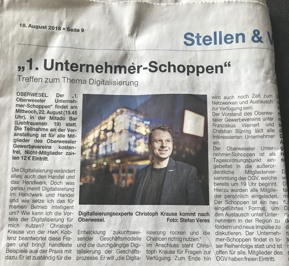Veranstaltungstipp: Am Mittwoch, 22.08.2018 19.45 Uhr startet in Oberwesel der 1. Unternehmer-Shoppen. @servicerebell Christoph Krause rockt die #Digitalisierung