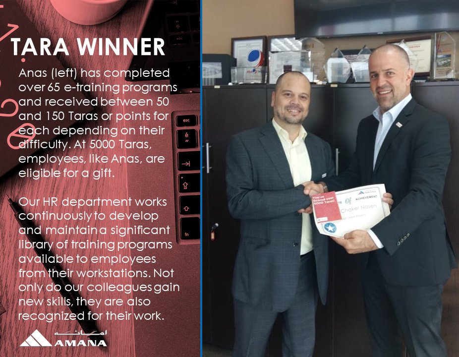 #AmanaTara Winner! Anas (left) has completed over 65 e-training programs and received between 50 and 150 Taras or points for each depending on their difficulty. At 5000 Taras, employees, like Anas, are eligible for a gift.
#AmanaContracting
#AmanaBackstage