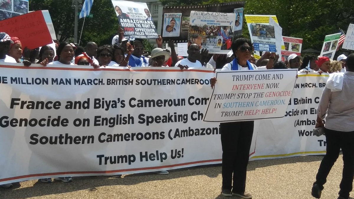 On #Cameroon, banner in DC calling out France (& UK and UN of @AntonioGuterres) for the mass killings of Anglophones. When Inner City Press asked Guterres (& UK & France) about this, it was roughed up & now banned for life from the UN http://www.innercitypress.com/cameroon41guterrescensors081918.html …