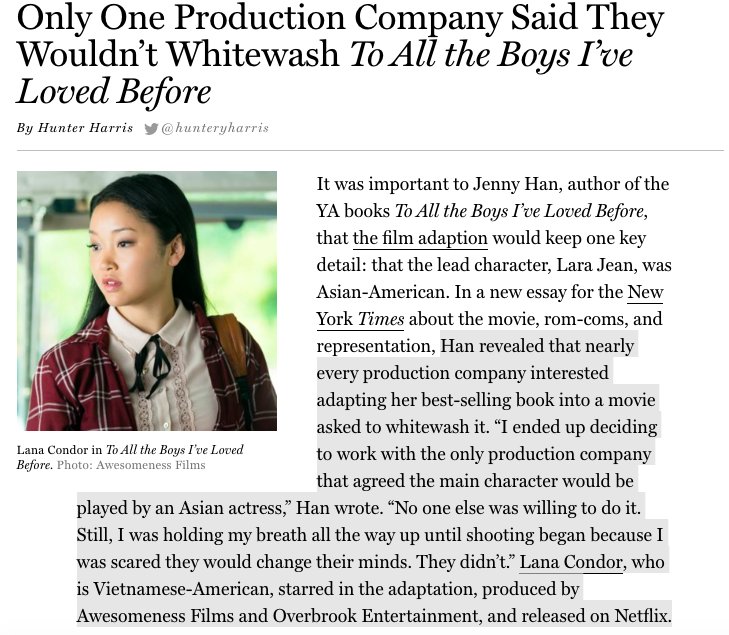Surprise, surprise. Hollywood tried whitewashing the leads of 'Crazy Rich Asians' &amp; 'To All The Boys I've Loved Before'. We now have two really successful romantic comedies starring Asian-American women as the leads. 🙌🏾