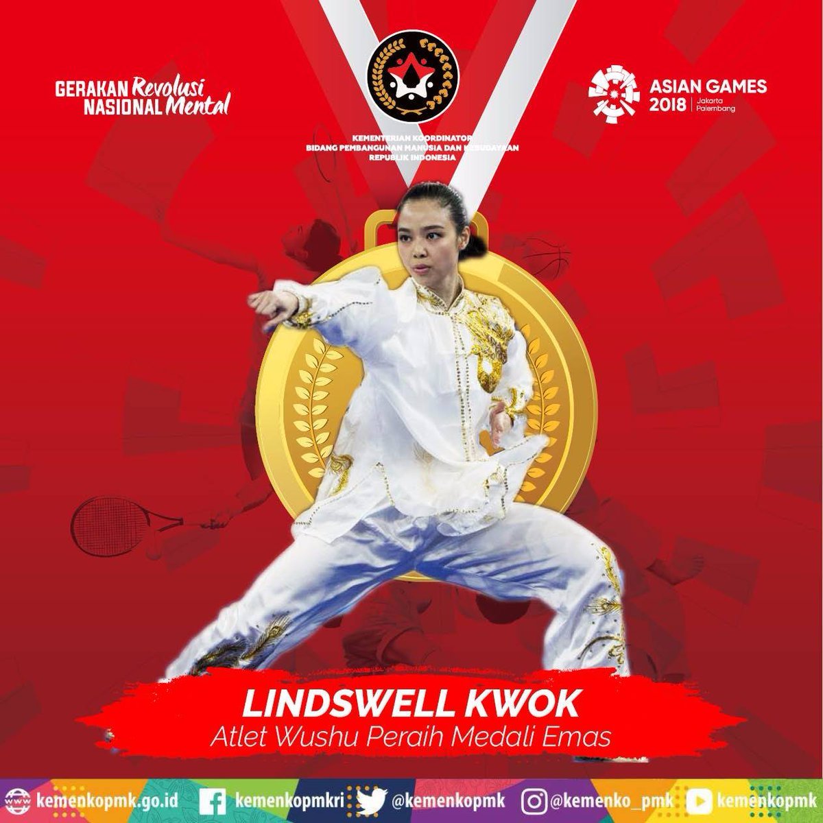 PBaabud's tweet photo. Setelah Defia Rosmaniar, kini giliran Cabang Olahraga Wushu turut sumbangkan medali emas bagi Indonesia di Nomor Taijijian All Around
.
Terima kasih, Lindswell Kwok! Ibu Pertiwi kembali bangga. #AsianGames2018 #Puanmaharani https://t.co/p1IhOhhudP