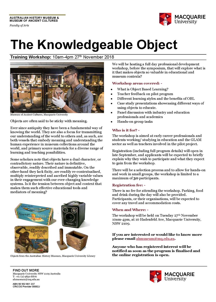 austhistomuseum's tweet image. #MQU's @austhistomuseum &amp;amp; @MACmuseumMQ are hosting 2 free events in November: The Knowledgeable Object Training Workshop (27 Nov objectbasedlearning.com/images/KO/KO_W…) &amp;amp; the  
Symposium (28 Nov objectbasedlearning.com/images/KO/KO_S…)- Abstract template:objectbasedlearning.com/images/KO/KO_E…   #OBLCoP #ObjectBasedLearning