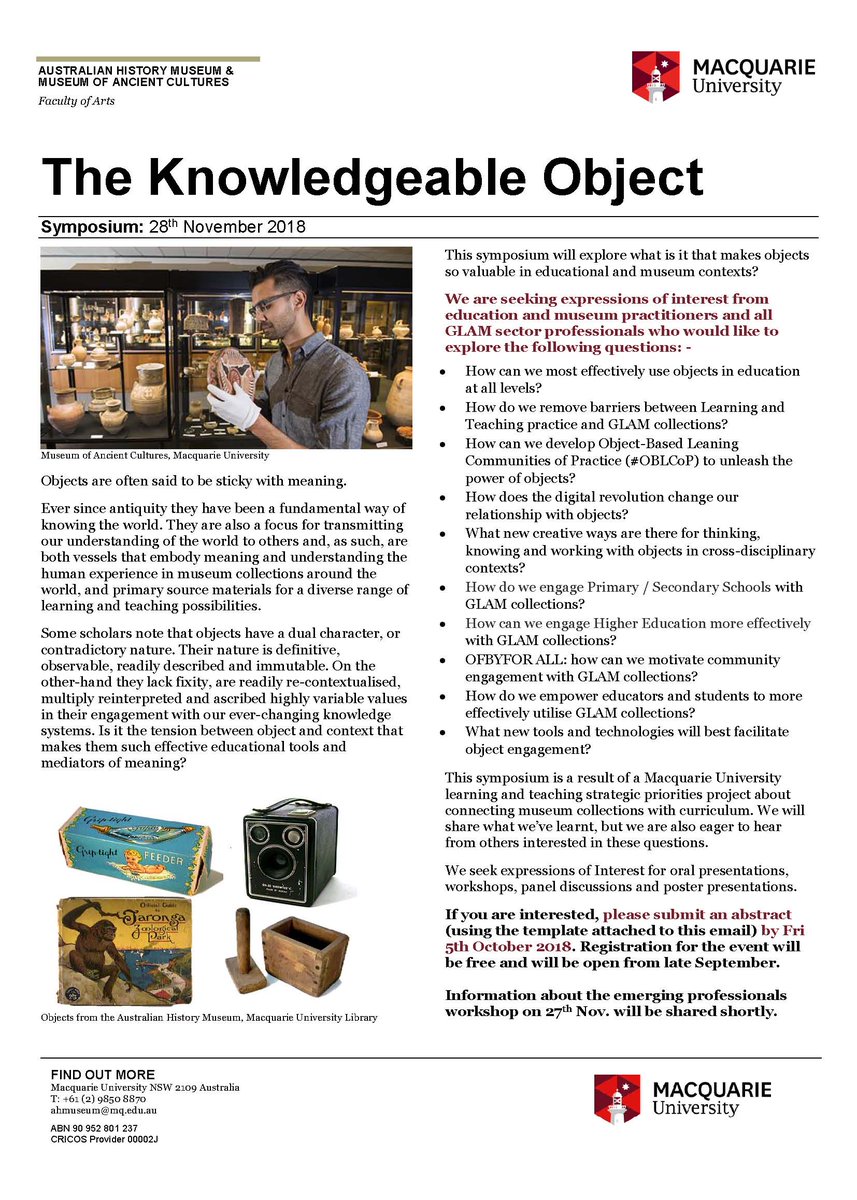 austhistomuseum's tweet image. #MQU's @austhistomuseum &amp;amp; @MACmuseumMQ are hosting 2 free events in November: The Knowledgeable Object Training Workshop (27 Nov objectbasedlearning.com/images/KO/KO_W…) &amp;amp; the  
Symposium (28 Nov objectbasedlearning.com/images/KO/KO_S…)- Abstract template:objectbasedlearning.com/images/KO/KO_E…   #OBLCoP #ObjectBasedLearning