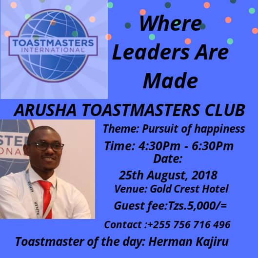 TerryOdiko's tweet photo. Is Happiness guaranteed?
Join @ArushaTMClub on 25th August to find out more.
#ArushaToastmasters
#EastAfricaToastmasters
#Whereleadersaremade https://t.co/ZLJMLywJFw