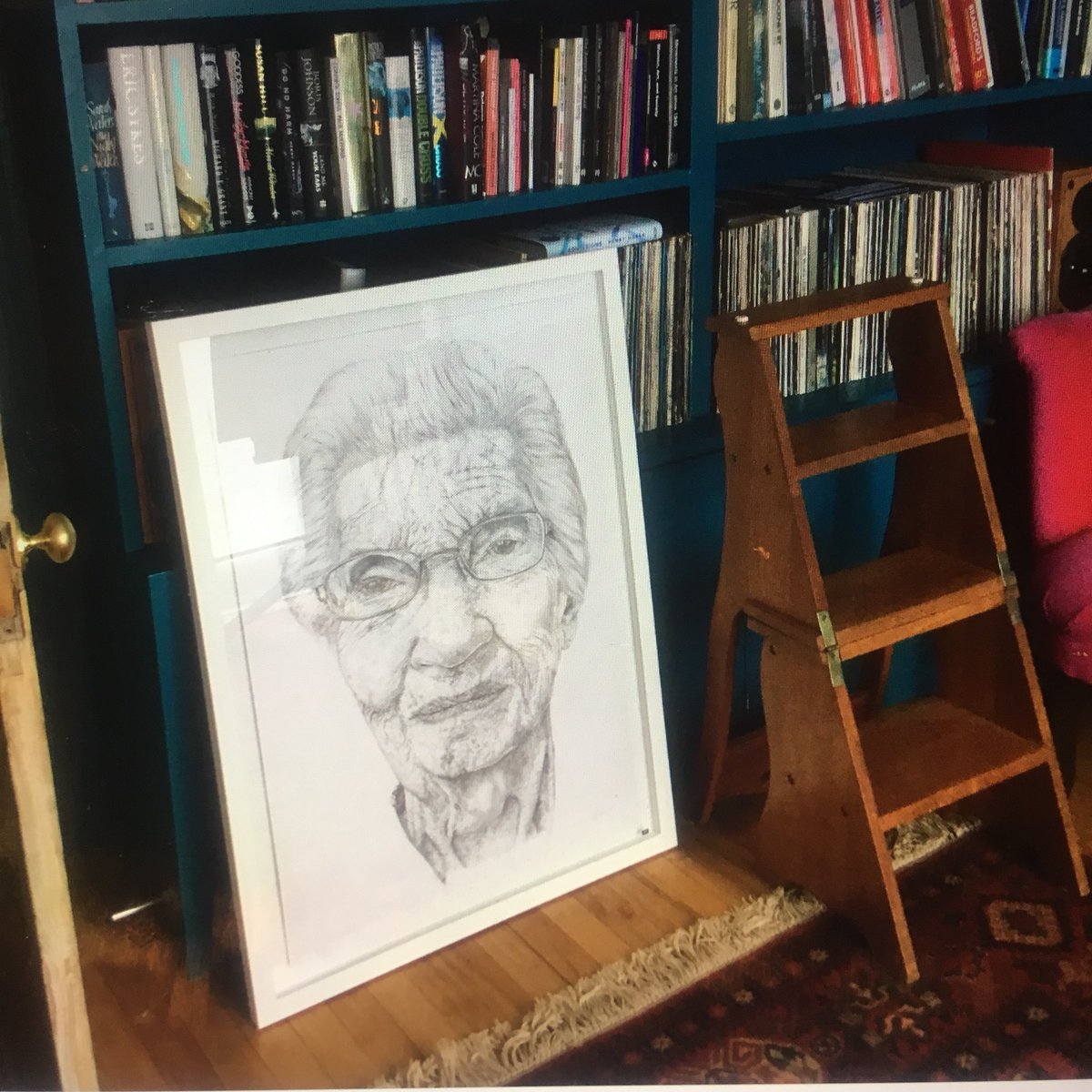 JillIliffe's tweet photo. Large scale drawing waiting to hang. Title is sitter’s birthday 31 March 1926. @chalkgallery @SGFADrawing #portrait https://t.co/f05IfPEb6f