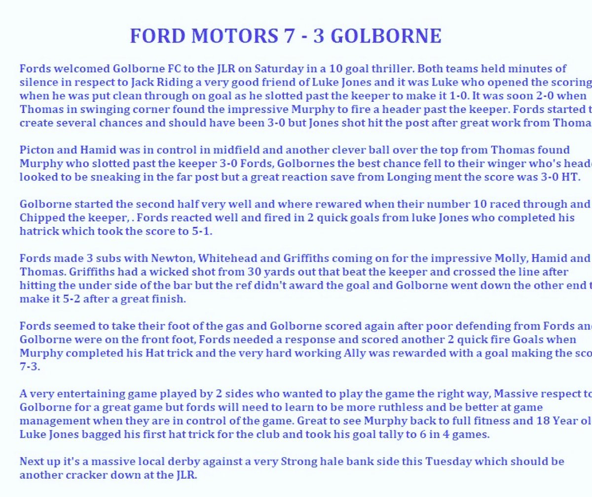 Thank you to <a href="/golborne_fc/">Golborne Sports FC</a> for a very entraining game on Saturday , our match report from the game . <a href="/CheshireFL/">Cheshire Football League ⚽️</a>