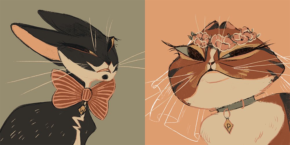chervellefryer's tweet photo. So @sanderdraws asked me to draw the icons for our wedding. We agreed that it made sense for the groom and bride to be our cats. Lovely colours picked from the piece that @jessicasroux did for us, so hopefully it's all matchy-matchy 👰🤵 #catsofcourse #illustration #wedding https://t.co/Nw0xbTlIuR