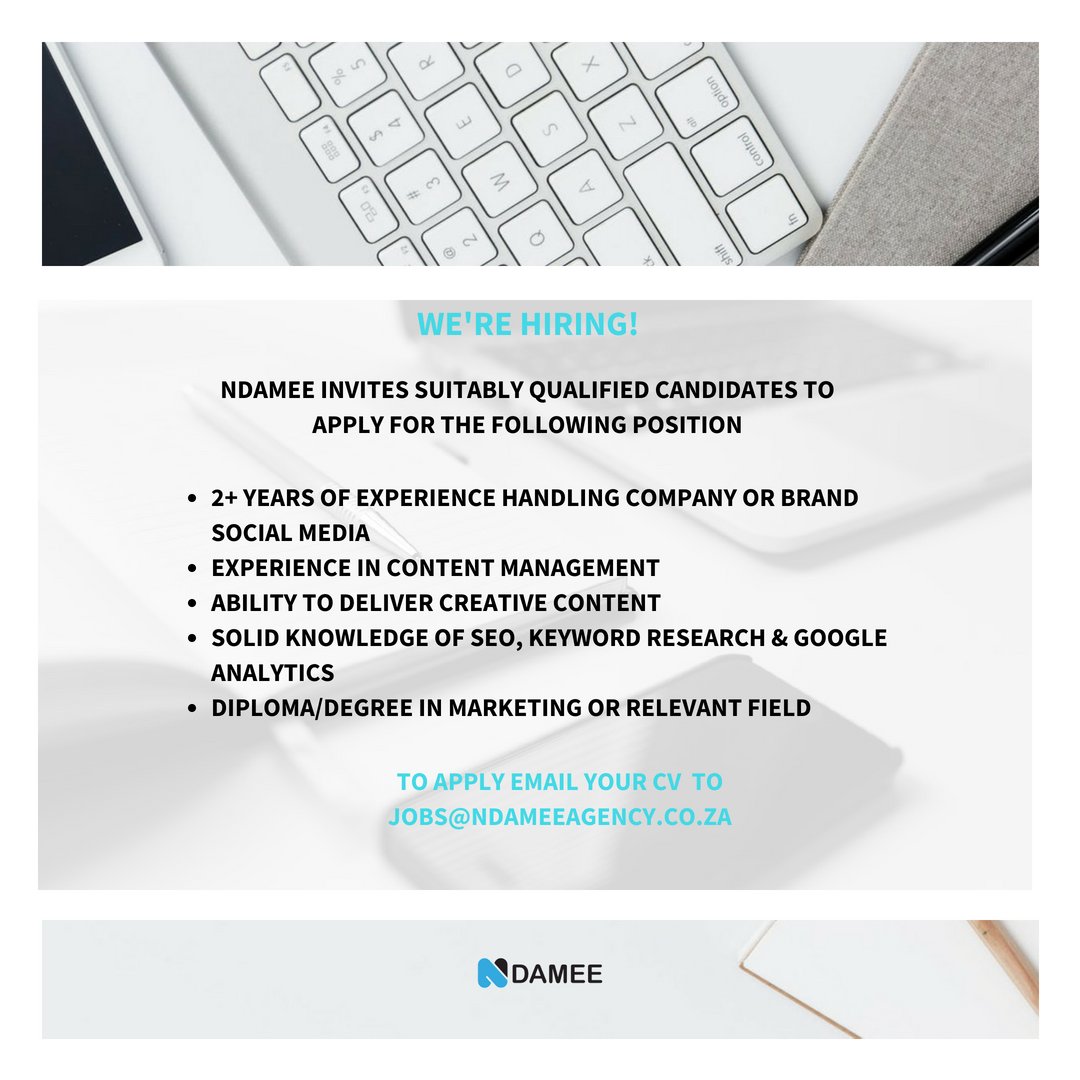 ndamee_agency's tweet photo. Email CV to jobs@ndameeagency.co.za  #JobSeekersSA #JobAdviceSA https://t.co/DXs34Eqy0F