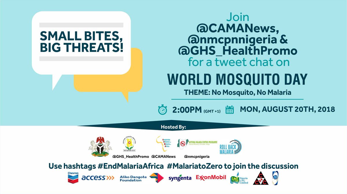 MalariaToZero's tweet photo. Join us today at 2:00 pm (GMT +1) for the World Malaria Day Tweet chat! #MalariatoZero #EndMalariaAfrica #WorldMosquitoDay https://t.co/xjcc8XgnSL