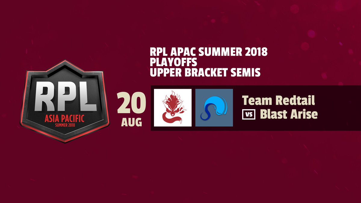 RPL APAC Upper Bracket Semis

@teamredtailCN vs Blast Arise
19:30 SGT

Streams:
<a href="/bbxh_twitch/">Dee Rock (BBXH)</a> (maybe)
<a href="/GamingKelevra/">K Ξ l Ξ V Г Λ Gaming</a>