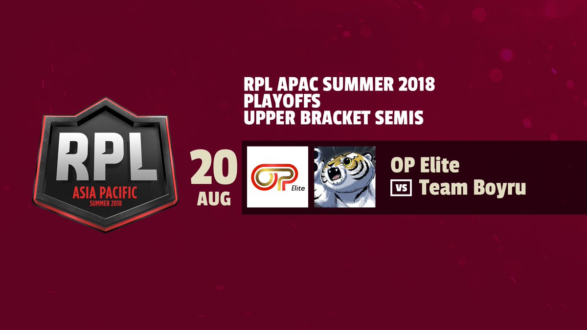 RPL APAC Upper Bracket Semis

<a href="/Shanghai_OP/">上海 OP Esports</a> v Team Boyru
21:30 SGT

Streams:
<a href="/bbxh_twitch/">Dee Rock (BBXH)</a> (maybe)
<a href="/GamingKelevra/">K Ξ l Ξ V Г Λ Gaming</a>