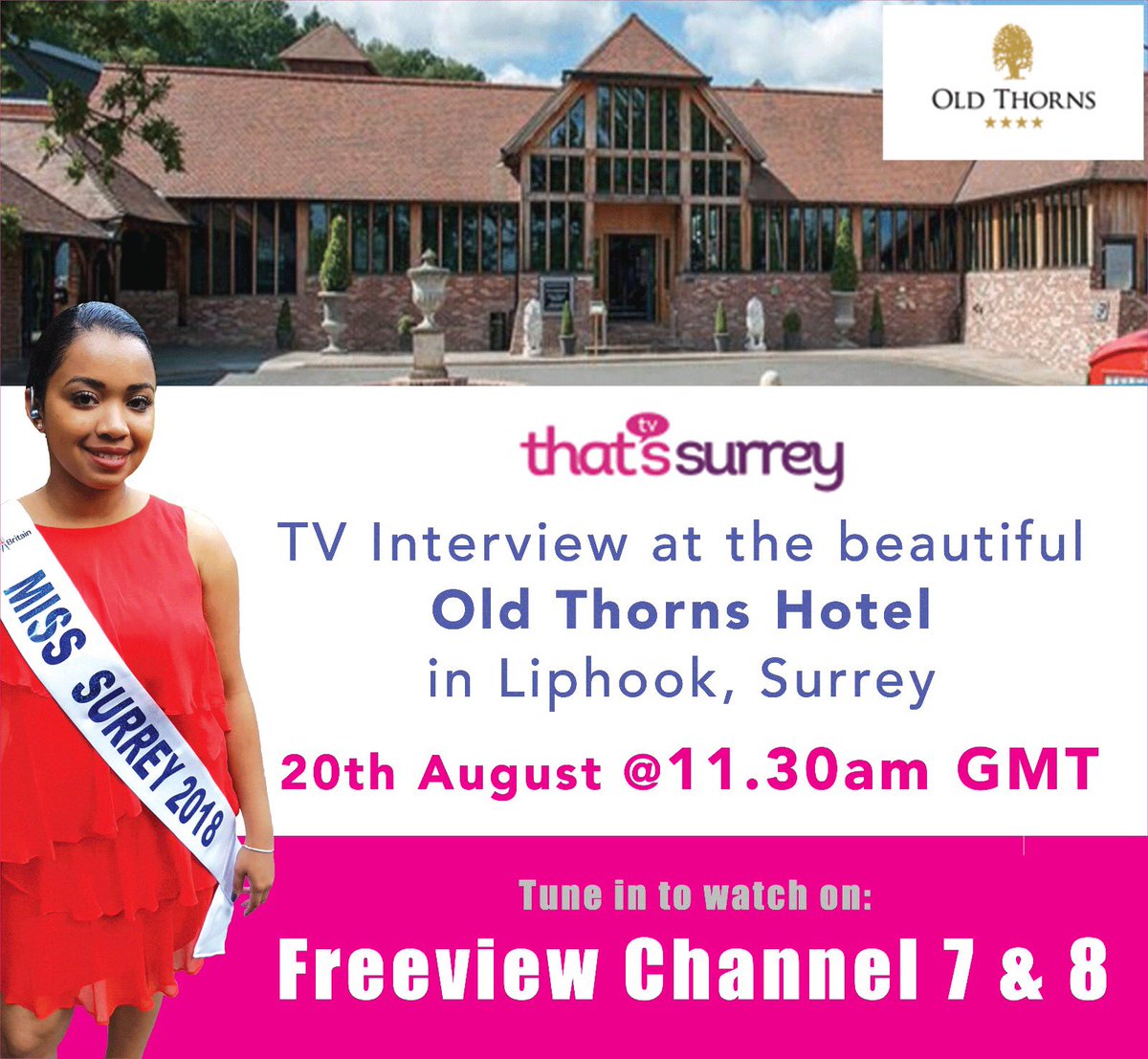 Catch me on @ThatsSurreyTV talking on @Official_MissGB & fundraising 4 charity at the beautiful @OldThornsHotel #tv #interview #misssurrey