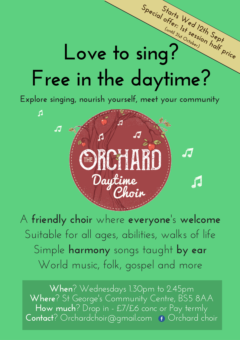 OrchardChoir's tweet photo. Need some #singing in your life?

Hooray! A daytime version of @OrchardChoir launches on Wed 13 Sep. Everyone welcome. Launching Wed 13 Sept @StGeorge_CC in #Bristol. See  https://t.co/7BxBGJUJvR

#choir #bs5 #stgeorge #community #orchard 

@StGeorgeCNet @bs5market @SGRVoice https://t.co/e1L2O2LCq5