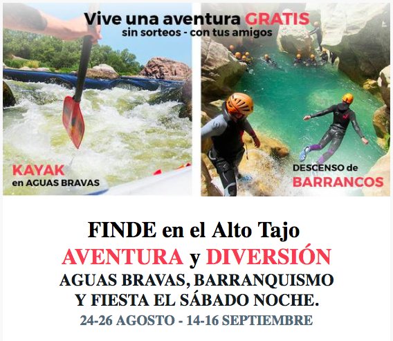 HelicaServices's tweet photo. Vente gratis de Aventura. Invita a tus amigos y consigue tu viaje gratis. Alojamiento incluido. Registrarte pulsando este link https://t.co/Og5zh0hV41  todos los viajes https://t.co/UEpZ6WQppt  #barranquismo #kayak #altotajo #aventura #viajes #diversión #aranviajes https://t.co/9HtIGmmMzJ