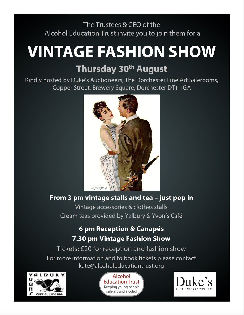 . <a href="/dorset_eye/">Dorset Eye (Independent Citizen Community Media)</a> 10 days until vintage stalls and fashion show <a href="/DukesAuctions/">Duke's Auctioneers</a> and <a href="/YalburyYvon/">YC's Cafe & Wine Bar</a> 3oth August. Very Abba. Teas and stalls from 3pm. Show 6pm (ticketed £20) with bubbles and canapes from Dukes reception via @DorchesterTIC or from  kate@alcoholeducationtrust.org
