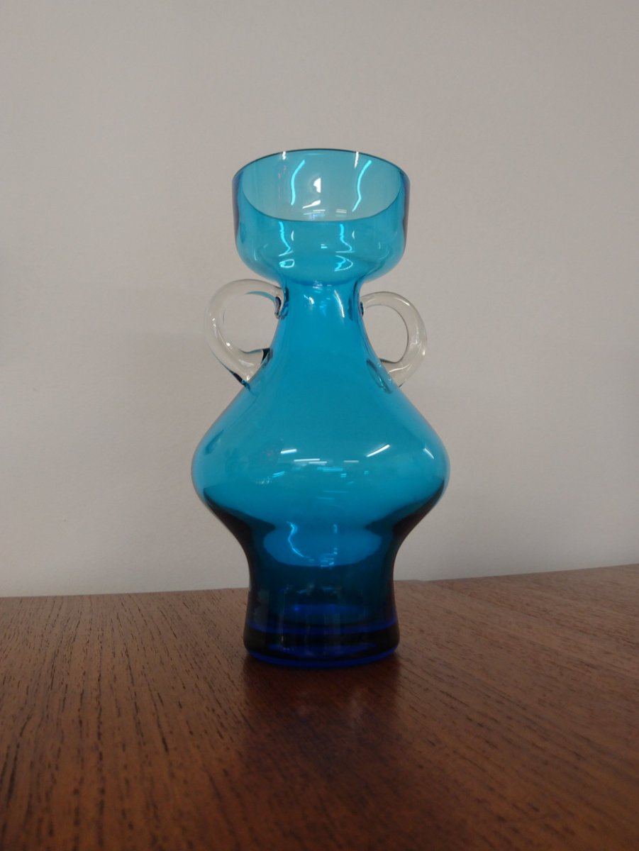 Vibrant blue #vintage #Danish #hoopedglass #vase in stock. Beautiful condition, bright turquoise, deep blue base, clear handles. Approx 8' h & 5' w £34 + p+p #britishglass #Scandinavianglass #Swedishglass #riihimaki #popartglass #alsterfors #lindshammar #1960s #1970s