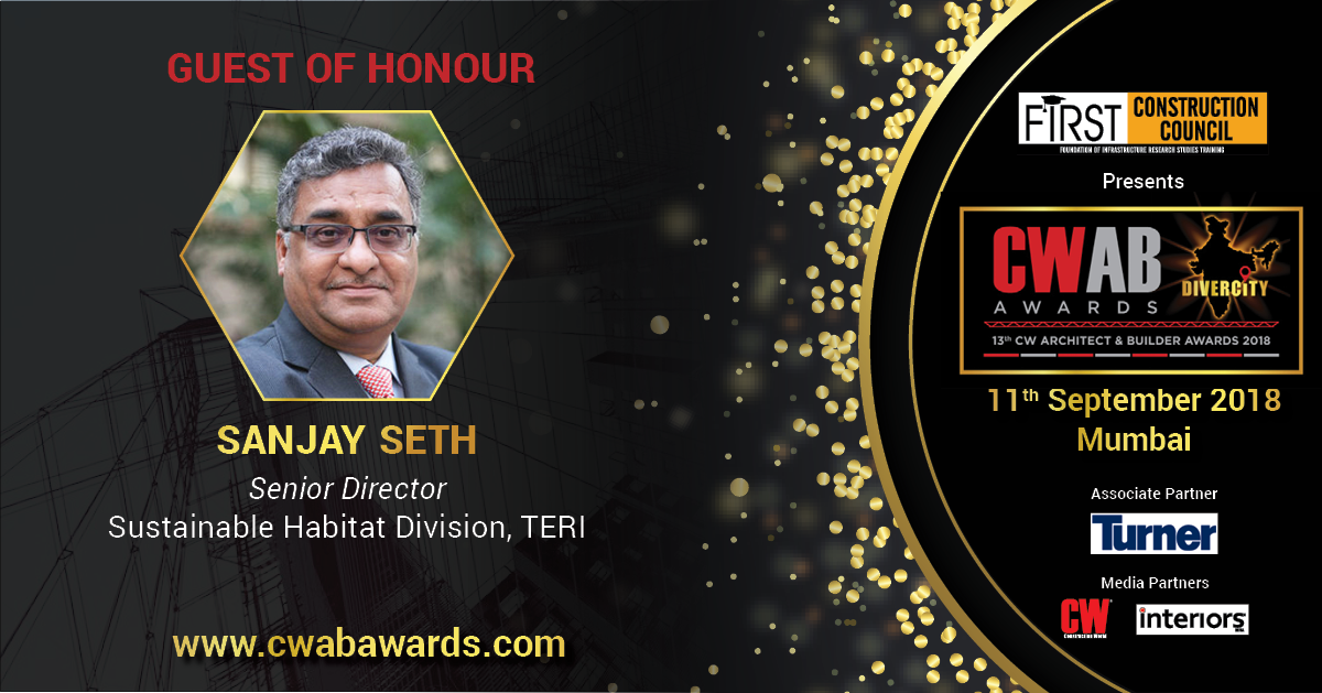 CWmagazine's tweet photo. Sanjay Seth, Senior Director, Sustainable Habitat Division of TERI will be the Guest of Honour at the CWAB Awards 2018!
Will you be there?
To request an invite, visit - https://t.co/jzvJsnQjV8
For partnership opportunities, call Kalyan on +918422874044.
#CWAB2018 #BuilDesign https://t.co/hR0eUs2Qb1