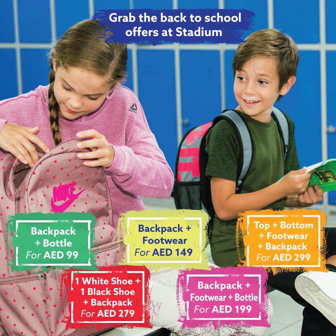 New school year, new you. We have awesome bundle deals on all the gear you need. Shop the sale at <a href="/stadium_me/">Stadium ME</a> at <a href="/TheDubaiMall/">Dubai Mall by Emaar</a>, <a href="/CityCtrDeira/">City Centre Deira</a>, <a href="/itsBurJuman/">BurJuman Mall</a>, <a href="/MushrifMall/">Mushrif Mall</a> and <a href="/yasmallad/">Yas Mall</a> Mall till 12th September.
 #StadiumMe
