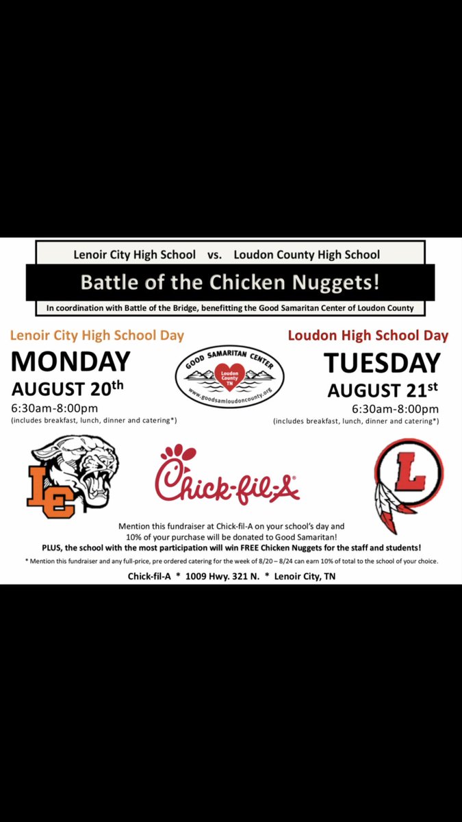Brose1855's tweet image. @Lenoircityad Rise and Shine. It’s LC Day at Chick Fila. #RivalryWeek #BattleofBridge