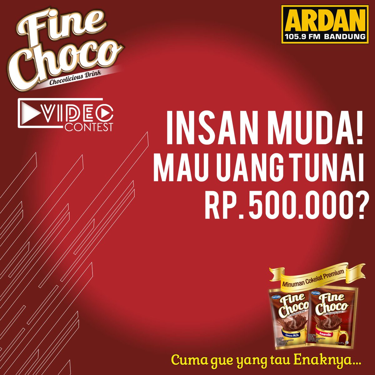 ardanradio's tweet photo. Insan Muda! Mau hadiah uang tunai 500rb dari FineChoco? Yuk ikutan kuisnya,
upload video moment keseruan kemerdekaan kamu bareng Fine Choco via twitter atau instagram mention @ardanradio & @finechoco_id dengan hashtag #FineChocoMerdeka #FineChocoArdan #CumaGueYangTauEnaknya https://t.co/atWfd9s4zP