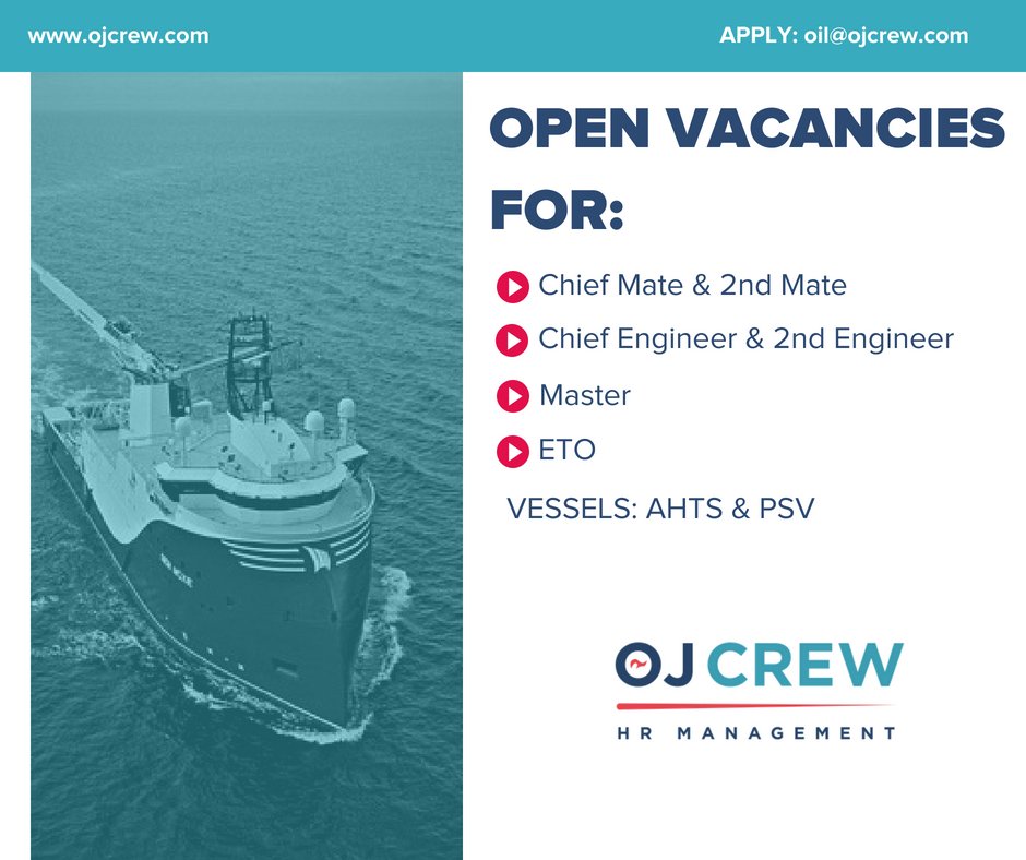 OffshoreJobs2's tweet photo. #JobOpportunities 💯
➡️ Chief Mate &amp; 2nd Mate
https://t.co/47SUOMj6WO
➡️ Chief Engineer &amp; 2nd Engineer
https://t.co/vty6804cXY
➡️ Master
https://t.co/PUDh6rk0u3
➡️ ETO
https://t.co/NIGJiJl0kR

🔜 Want to apply? Send your resume: oil@ojcrew.com https://t.co/rsFhGqrBBb