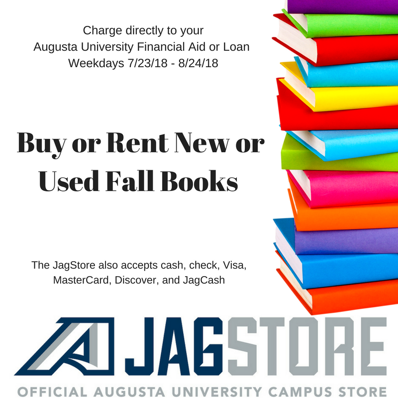 AUG_StudentLife's tweet photo. Still need @AUG_University Fall semester books? The #JagStore can help with that! Charge books directly to your financial aid/loan account weekdays through 8/24/18, or pay with cash, check or major credit card. https://t.co/MfYfyIpQnt https://t.co/u5kf4xbHIw