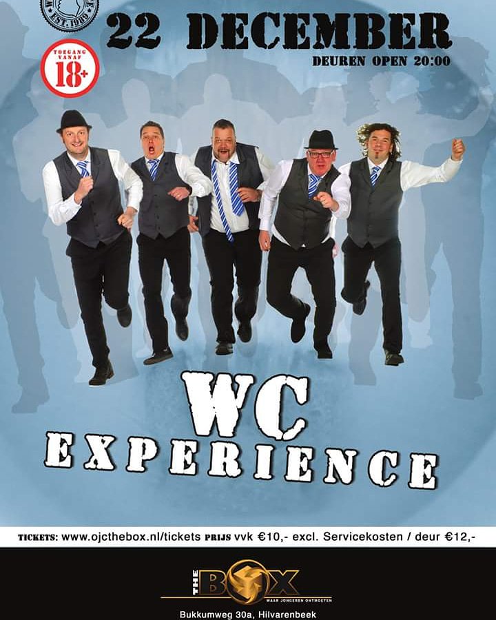Zaterdag 22 december komen de mannen van Wc Experience een feestje bouwen in <a href="/ojc_The_BOX/">o.j.c. the Box</a> Hilvarenbeek. 

Kaarten verkrijgbaar via: ojcthebox.nl/tickets. Zorg dat je er snel bij bent, op = echt op! 
Fb Event: facebook.com/events/2803115…

#Feestje #WcExperience #Brabant #Livemuziek