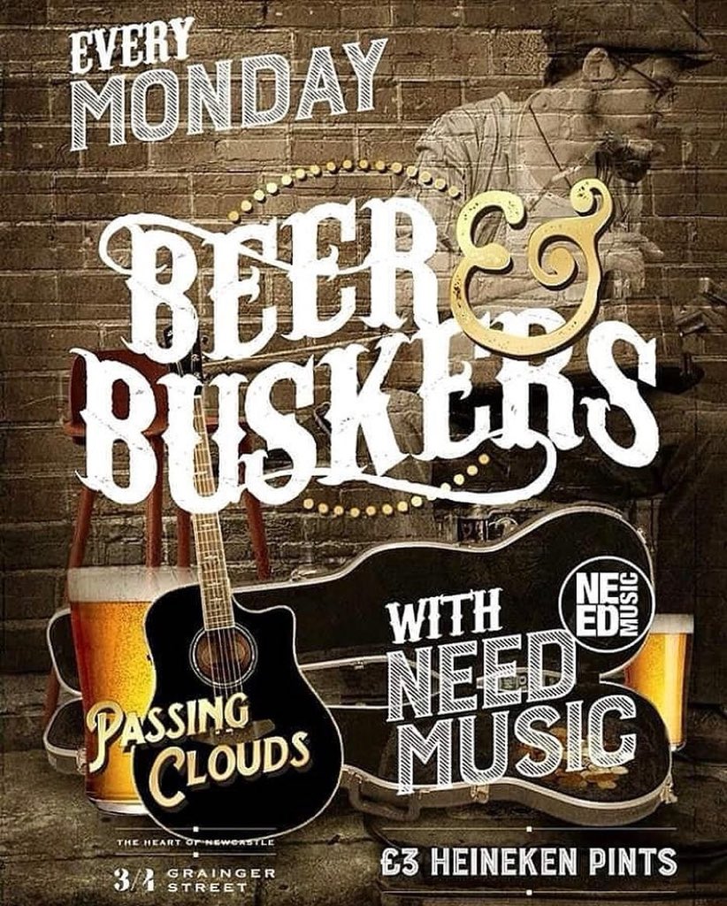 I’ll be hosting @NeedMusicLtd ‘s Open mic tonight, at <a href="/passingcloudsnc/">Passing Clouds</a> from 7pm-10pm. Free pint for performers! #busker #Newcastle #beer #live #music #buskers