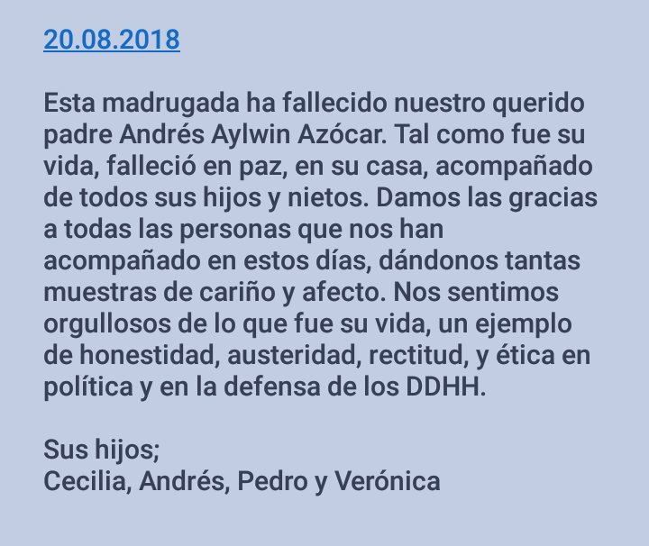 2017Pdc's tweet photo. Está madrugada a los 93 años,  inicio su Pascua al encuentro con Dios Padre y su querida esposa, nuestro Quijote Don #AndresAylwin   eterno luchador por los DD.HH. en Chile. Gracias por todas tus obras, Vuela alto Camarada !! @PDC_Chile @PDCnoticias @kennysubiabre @falangedigital https://t.co/w9kF9mE1AQ