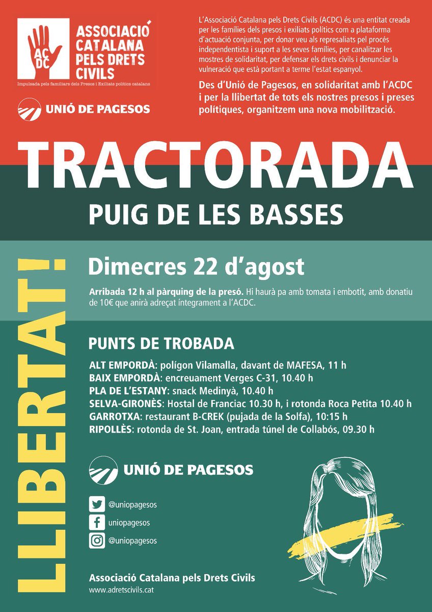 🚜 Tractorada d'<a href="/uniopagesos/">Unió de Pagesos</a> en solidaritat amb l'<a href="/ACDretsCivils/">Ass. Catalana pels Drets Civils</a> i per la llibertat dels presos i preses polítics
📅 Dimecres 22 d'agost
⏰ 12 h
📍Davant la presó de Puig de les Basses (Figueres, Alt Empordà)