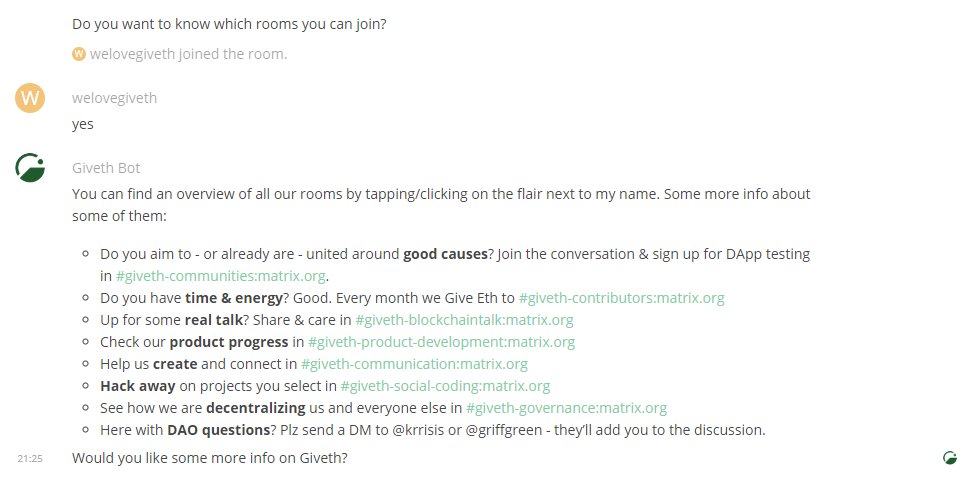 Giveth's tweet image. Another #socialcoding project has left (or entered?) the building: Giveth Bot lives in our @RiotChat rooms, welcomes people and answers your public and private questions. Check out the repo or join.giveth.io and feel welcomed 🚀
github.com/Giveth/giveth-…